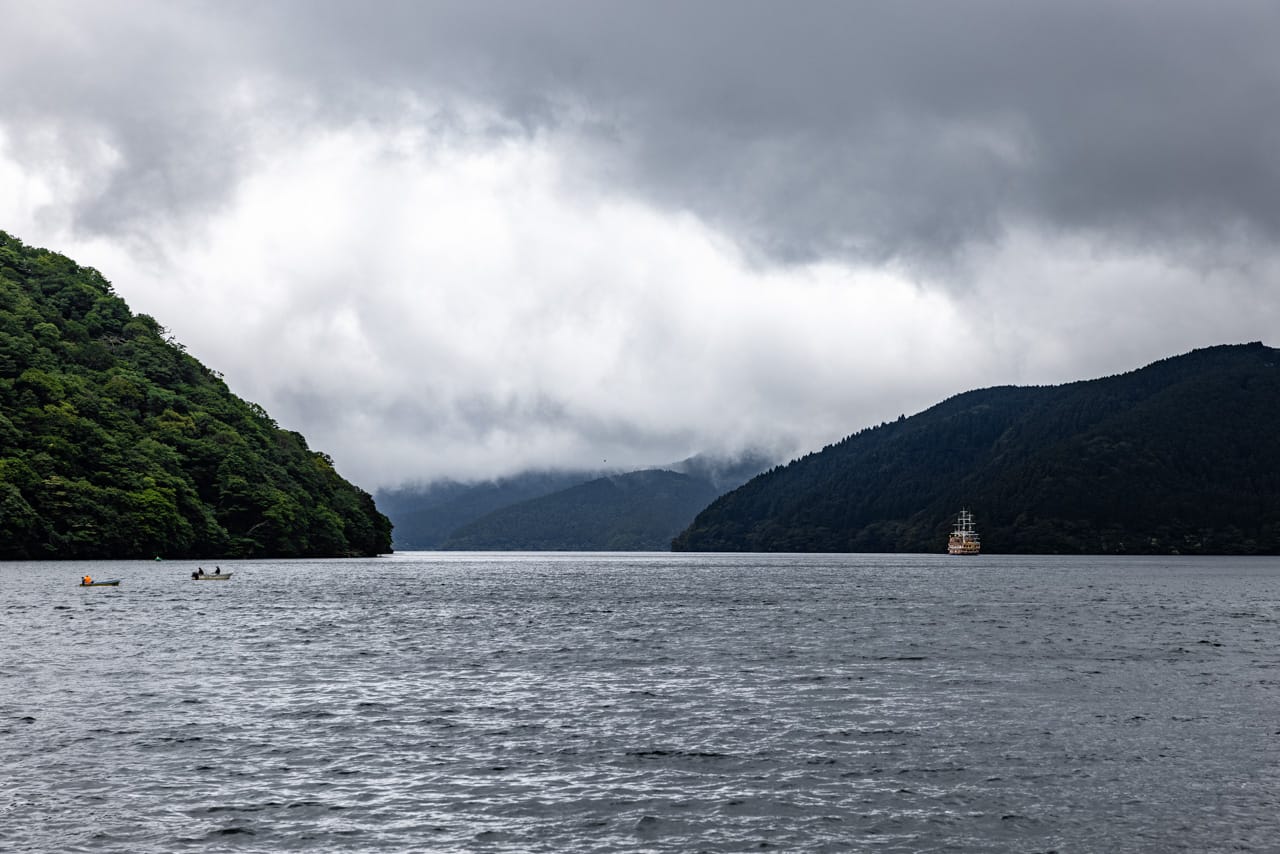 A view of Lake Ashi after traversing the Hakone Ropeway.